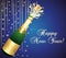 Blue and gold Happy New Year 2024 Greeting card. Champaign bottle. Festive background. Vector illustration.