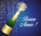 Blue and gold Happy New Year 2024 Greeting card. French language. Champaign bottle. Festive background. Vector illustration.