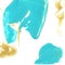 Blue and gold paint stains on white background. Bright creative texture.