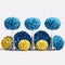 Blue, gold and silver pompoms are used for a cheer background.