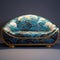 Blue And Gold Sofa With Detailed Surrealism And Oriental Minimalism
