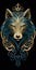 A blue and gold wolf head on a black background, flat illustration, celtic style.