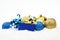Blue,golden christmas decoration in line on snow with wishes card
