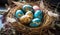 Blue and golden Easter eggs with intricate patterns lying in a nest among soft feathers and natural textures