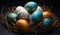 Blue and golden Easter eggs with intricate patterns lying in a nest among soft feathers and natural textures