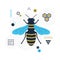 Blue and golden top view flying honey bee icon with signs and symbols
