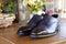 Blue goodyear welted leather mens wedding shos with a leather sole