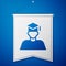 Blue Graduate and graduation cap icon isolated on blue background. White pennant template. Vector