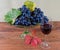 Blue grapes on vintage fruit vase, vine leaves, red wine