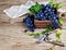 Blue grapes in wooden box