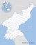 Blue-gray detailed map of North Korea and administrative divisions and location on the globe