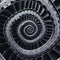 Blue gray industrial air craft turbine blades spiral background pattern distorted into square shape. Unusual metal turbine wings r