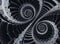 Blue gray industrial air craft turbine blades spiral background pattern distorted on two coils poles. Unusual metal turbine wings