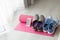 Blue, gray and purple Sport shoes, yoga mat,