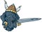 Blue Great Dane cartoon mascot head with viking helmet and sword