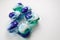 Blue and green capsules for washing powder, modern liquid powder for washing in capsules