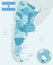 Blue-green detailed map of Argentina administrative divisions with country flag and location on the globe.