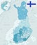 Blue-green detailed map of Finland administrative divisions with country flag and location on the globe.