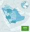 Blue-green detailed map of Saudi Arabia administrative divisions with country flag and location on the globe