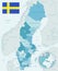 Blue-green detailed map of Sweden administrative divisions with country flag and location on the globe.