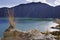 Blue green lake in Quilotoa Volcano