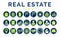 Blue Green Real Estate Round Icon Set of Home, House, Apartment, Buying, Renting, Searching, Investment, Choosing, Wishlist, Low