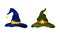 Blue and green witch hats. Halloween holiday, carnival costume accessories cartoon vector illustration