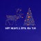 Blue greeting card wishing happy Christmas and joyful new year with a Christmas tree, a reindeer, stars and Christmas\\\' balls