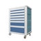 Blue and grey metal medical supply cabinet with wheels, 3D illustration