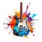 A blue guitar with a splash of paint on it. Generative AI image.