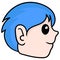 The blue haired boy head with a smiling face looked from the side. doodle icon drawing