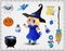 Blue halloween cartoon set of objects for witches and cute witch girl isolated