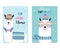 Blue hand drawn cute card with llama, heart glasses and hat in w