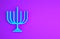 Blue Hanukkah menorah icon isolated on purple background. Hanukkah traditional symbol. Holiday religion, jewish festival of Lights
