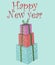 blue happy new year card with three boxes with gifts