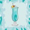 Blue Hawaii tropical classic cocktail illustration. Alcoholic bar drink hand drawn vector. Pop art