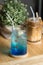 Blue hawaiian soda and ice coffee.