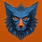 Blue head of a wolf werewolf on an orange background. AI-generated