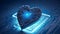 Blue heart designed as central processing unit of love. Postproducted