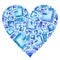 Blue Heart with Ice crystals, gemstones. Jewelry, watercolor hand drawn clipart
