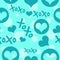 Blue hearts and Xoxo text with circles,  seamless pattern. Repetitive background for Valentine`s Day