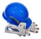 Blue helmet, gloves, furniture stapler, and staples for stapler  on white background