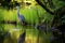 a blue heron stands beside a shady forest pond