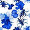 Blue Hibiscus Leaf. Indigo Flower Plant. Navy Watercolor Leaf. Azure Floral Painting. Seamless Decor. Pattern Foliage. Tropical Se