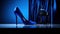 A blue high heeled shoe sitting on a table next to a vase, AI