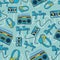 Blue hiphop seamless pattern with recorders, cassettes, headphones and cables. Repetitive background with hip hop underground