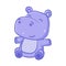 The blue hippopotamus with the small ears is sitting in the floor with the happy face