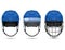 Blue hockey helmet in three varieties