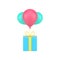 Blue holiday box on balloons 3d icon. Volumetric gift flies on colored balloons