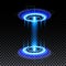 Blue hologram portal. Magic fantasy portal. Magic circle teleport podium with hologram effect. Vector blue glow rays